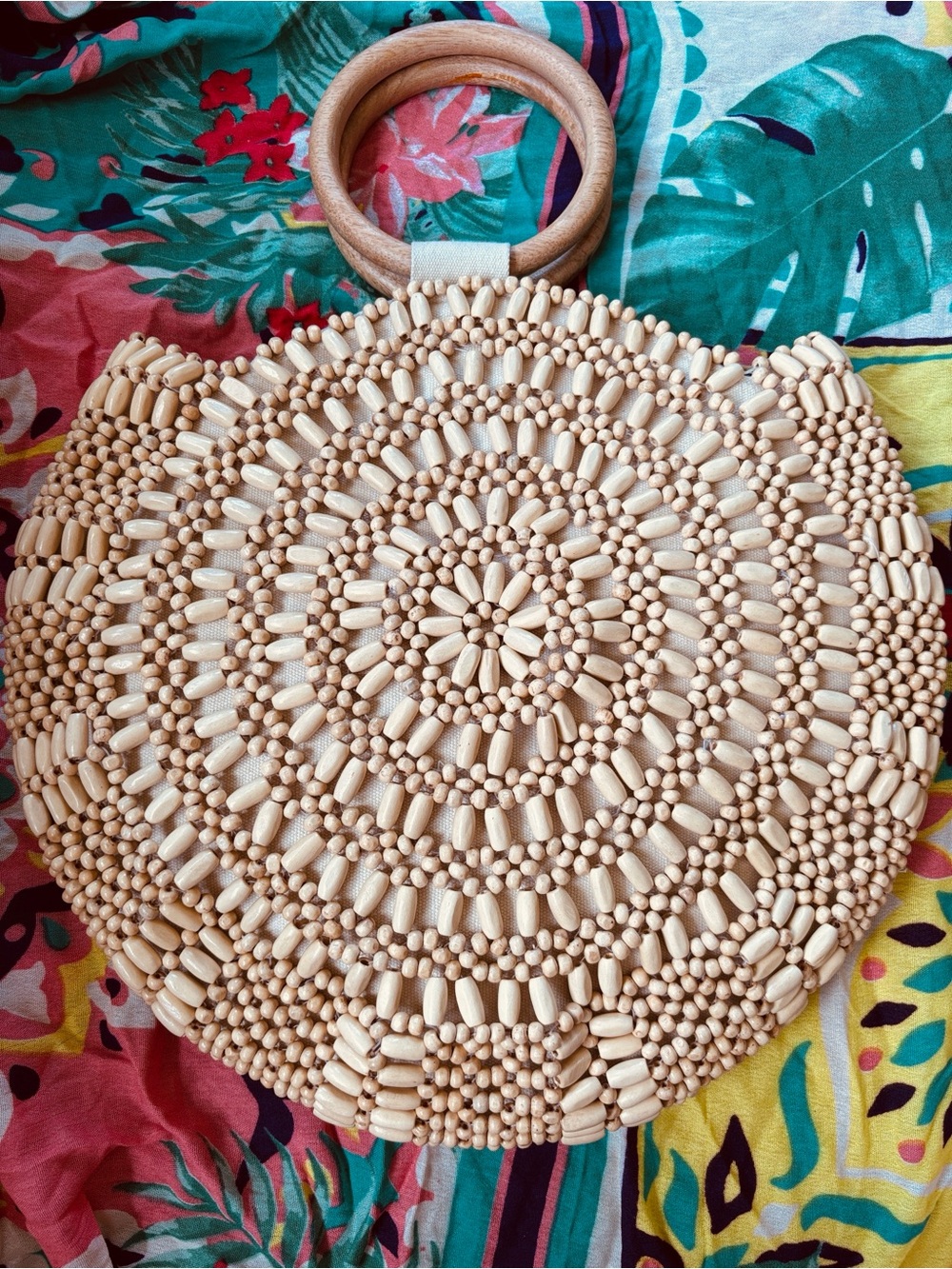 Handmade Natural Wooden Beaded Round Handbag Snap Close Cotton Lined Tote Purse - Picture 10 of 15